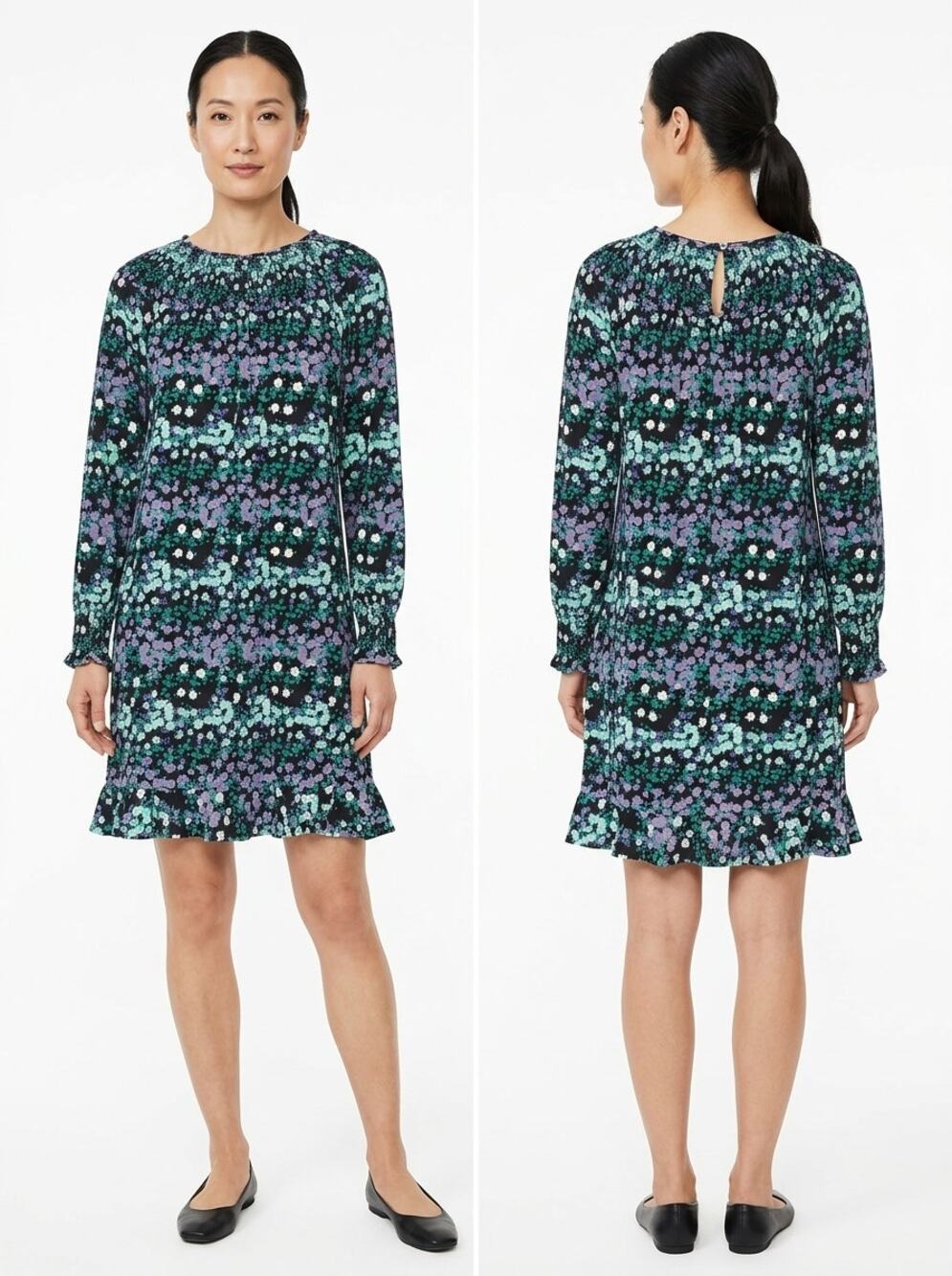 Loft Teal Purple Floral Long Sleeve Ruffle Hem Jersey Dress Women Size L